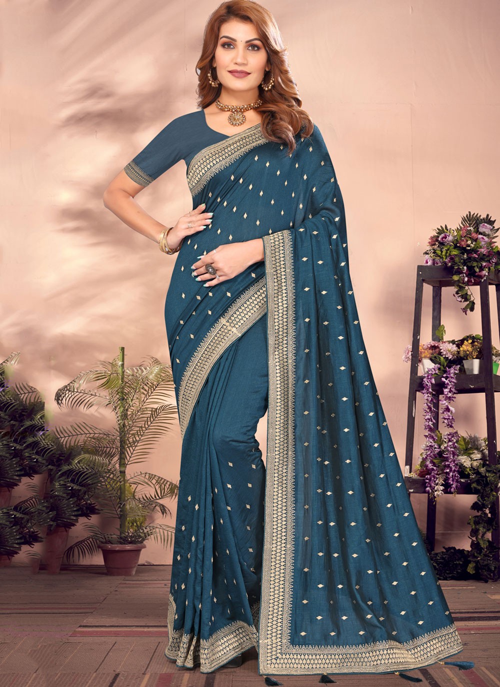 Classic Embroidered Vichitra Silk Saree - S8411
