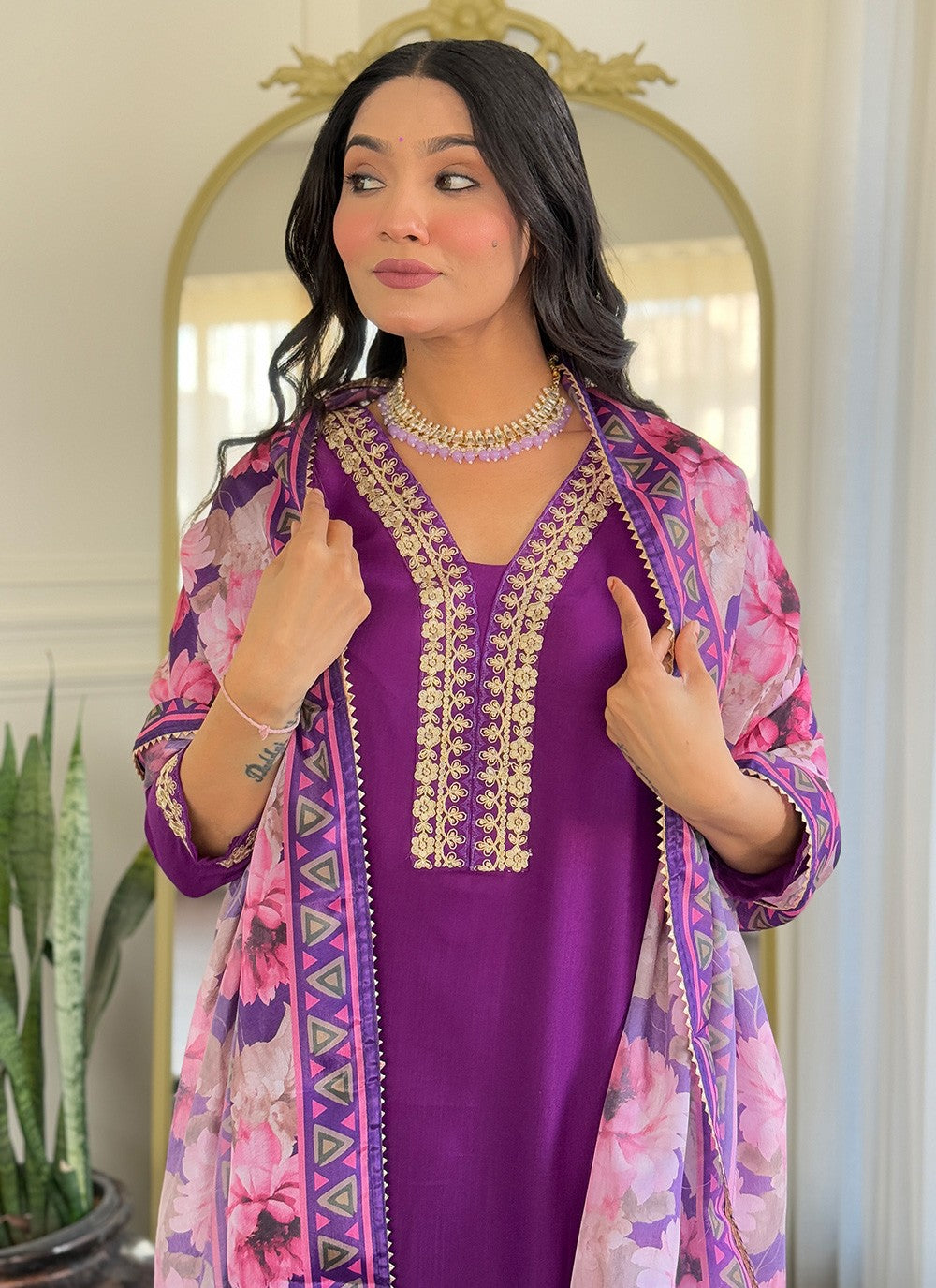 Salwar Suit Embroidered, Printed Violet T7366