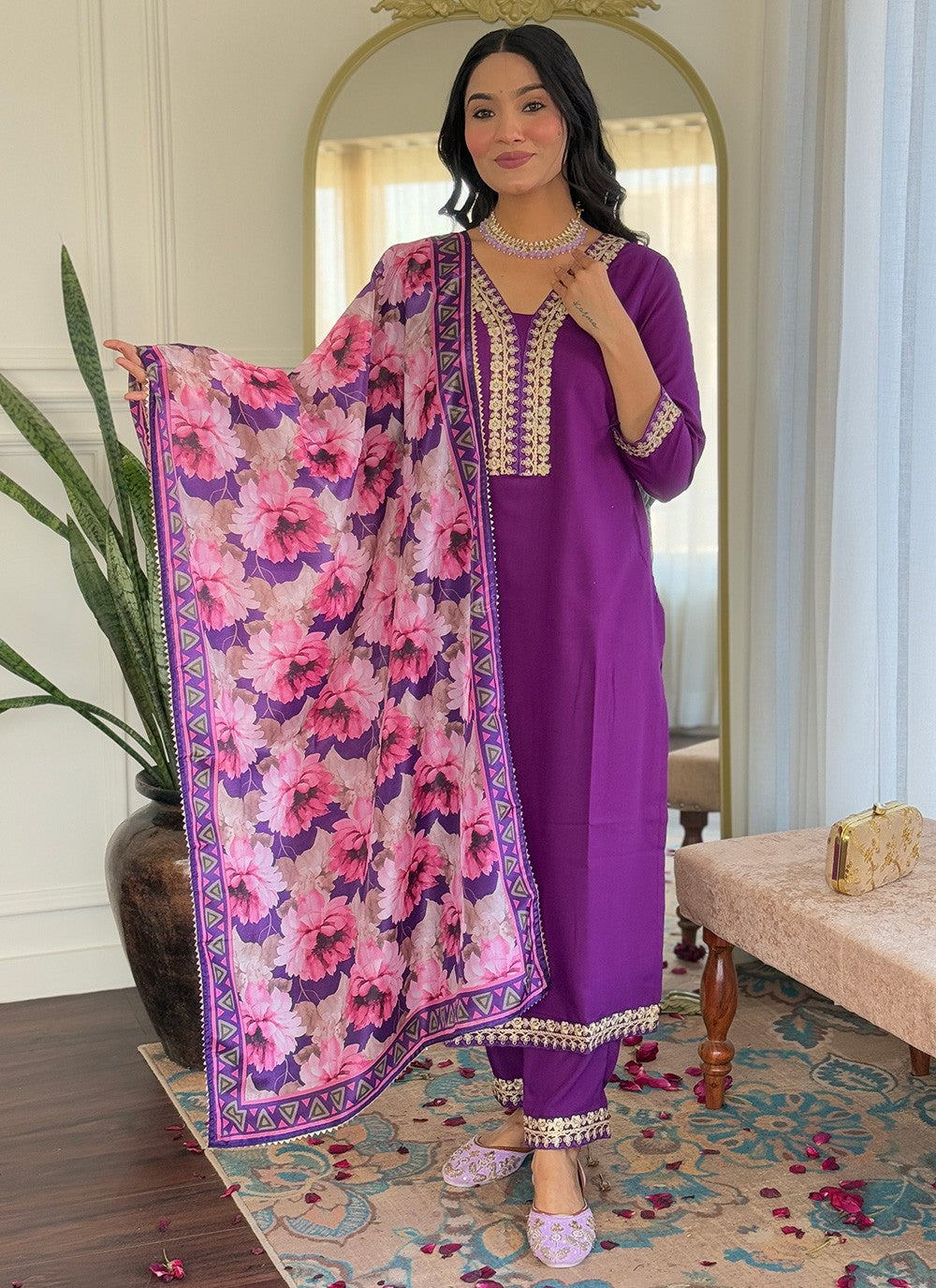 Salwar Suit Embroidered, Printed Violet T7366