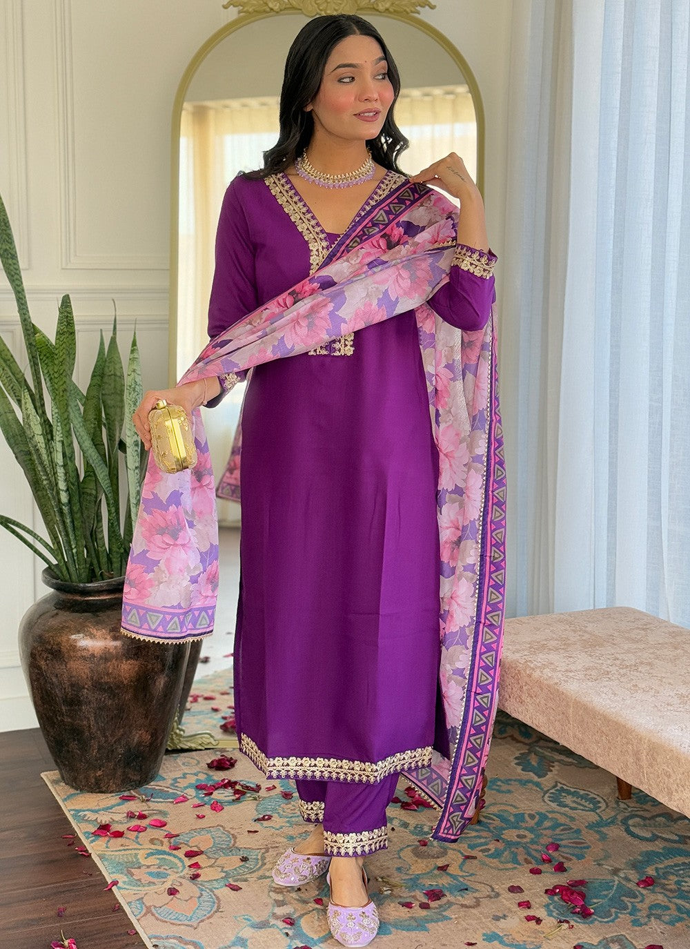 Salwar Suit Embroidered, Printed Violet T7366