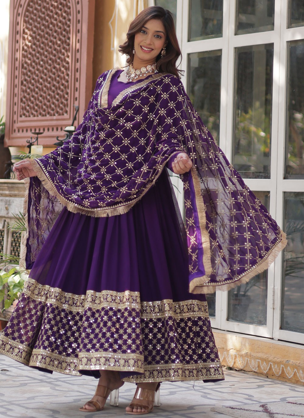 Embroidered Faux Georgette Violet Gown G19825