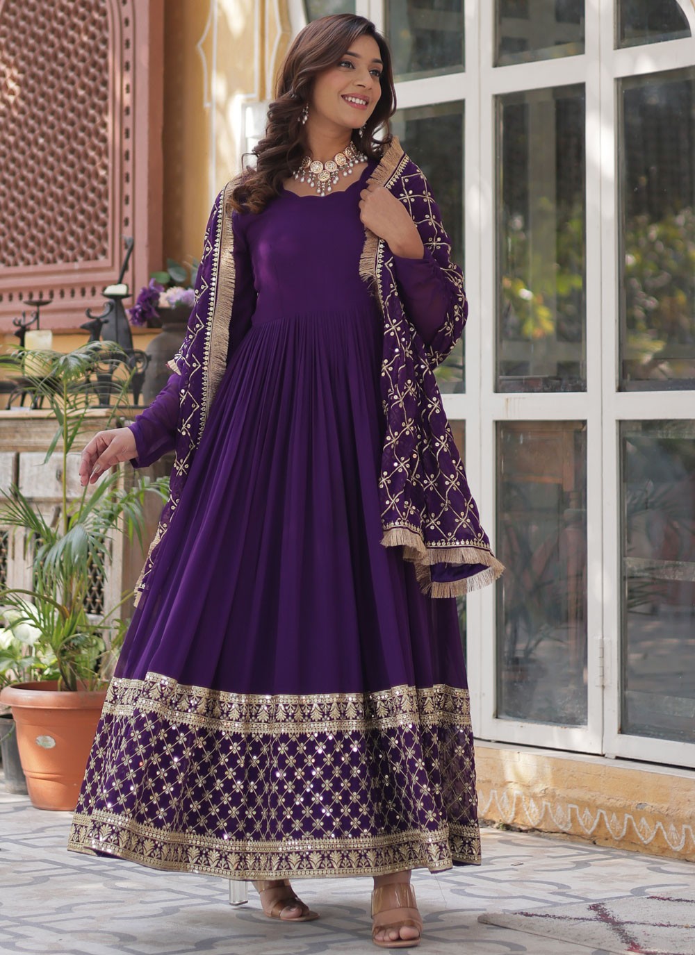 Embroidered Faux Georgette Violet Gown G19825