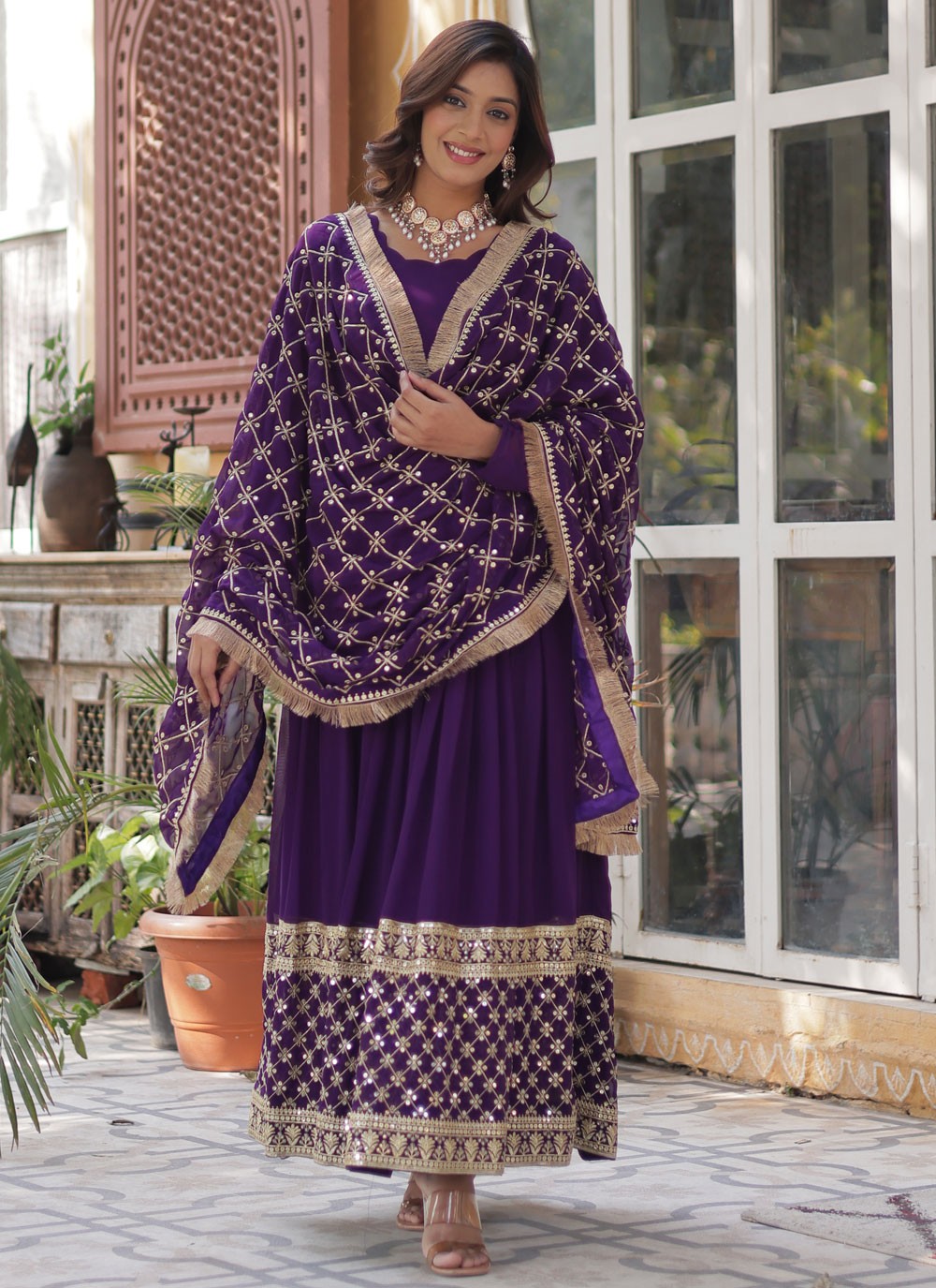 Embroidered Faux Georgette Violet Gown G19825