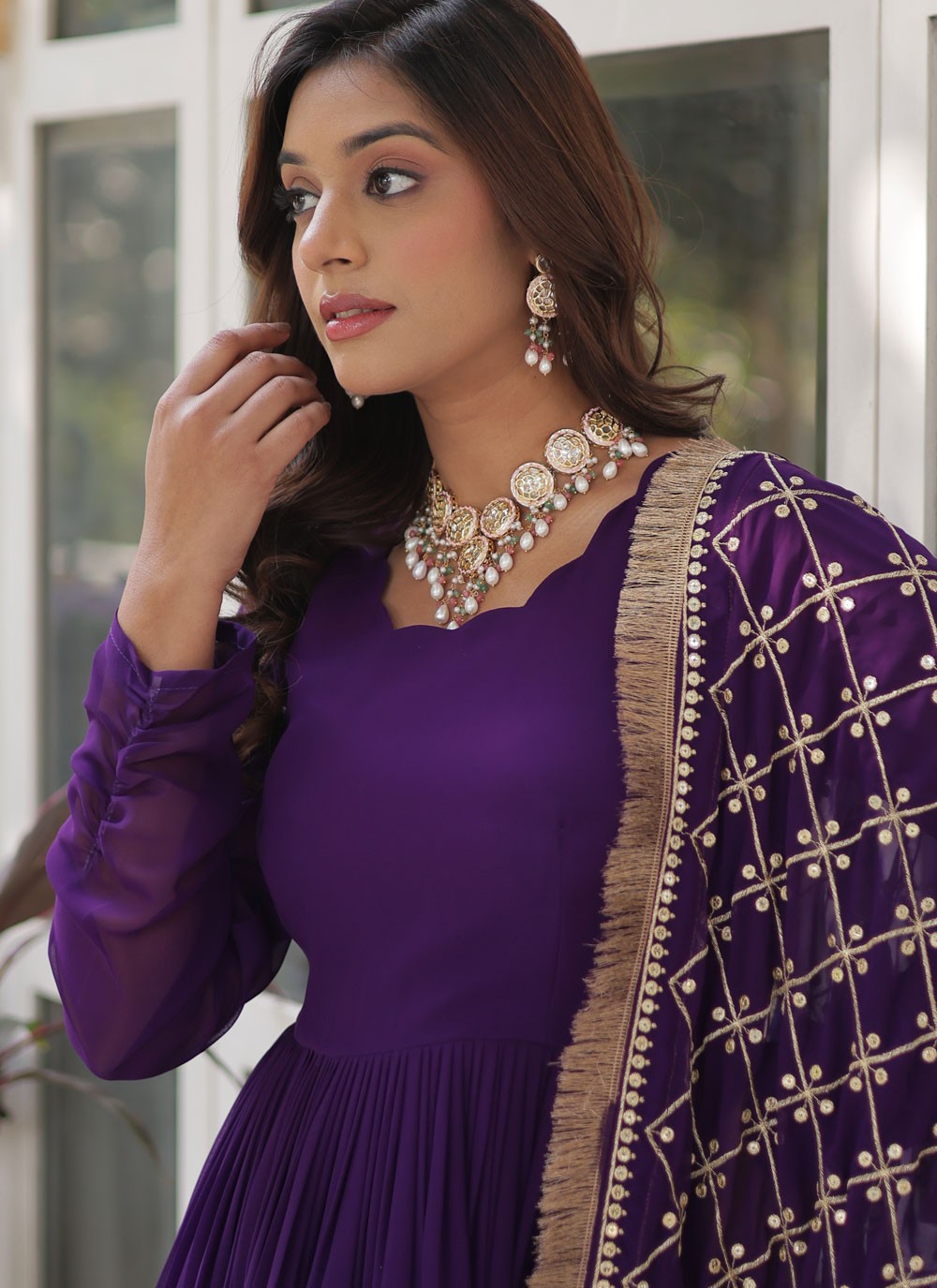 Embroidered Faux Georgette Violet Gown G19825