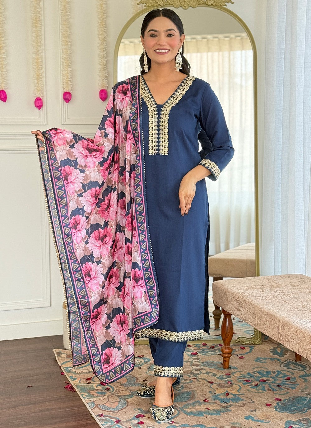 Salwar Suit Embroidered, Printed Blue T7364