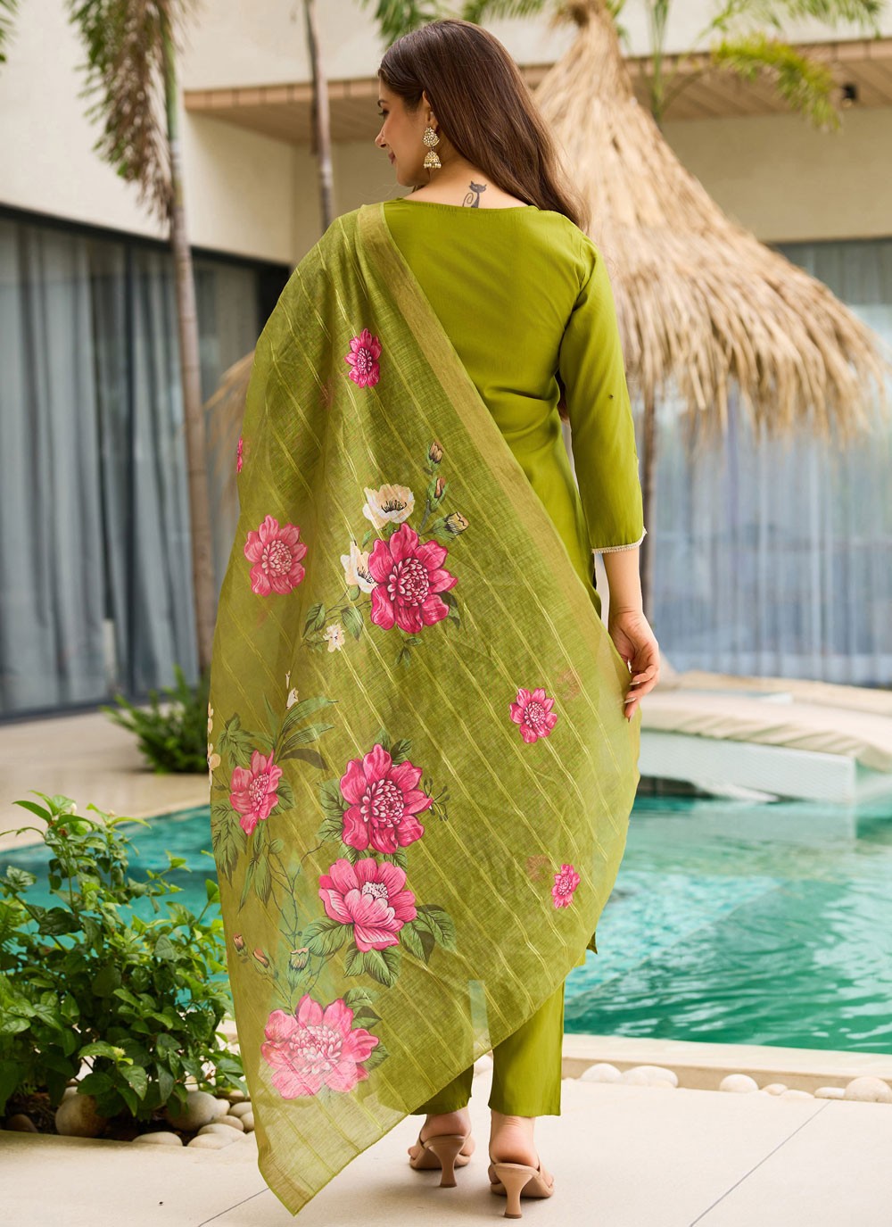 Pant Style Suit Embroidered Green T8609