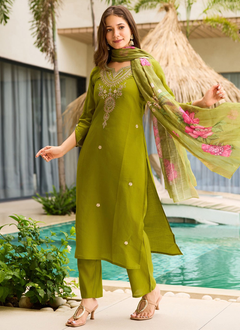 Pant Style Suit Embroidered Green T8609