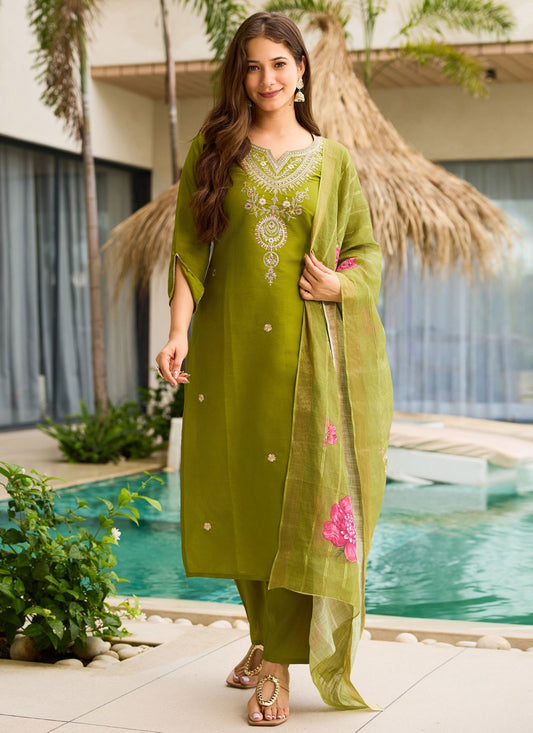 Pant Style Suit Embroidered Green T8609