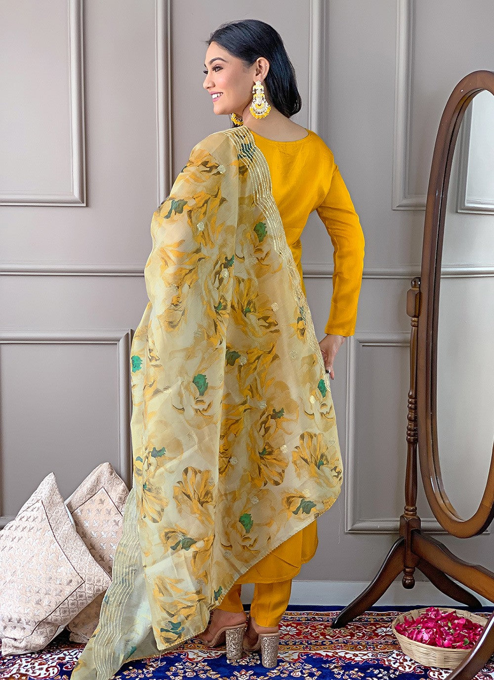 Pant Style Suit Embroidered, Printed Yellow T6989