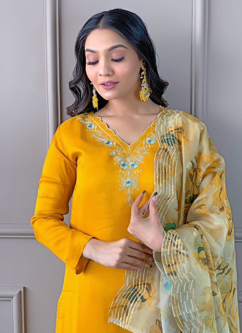 Pant Style Suit Embroidered, Printed Yellow T6989