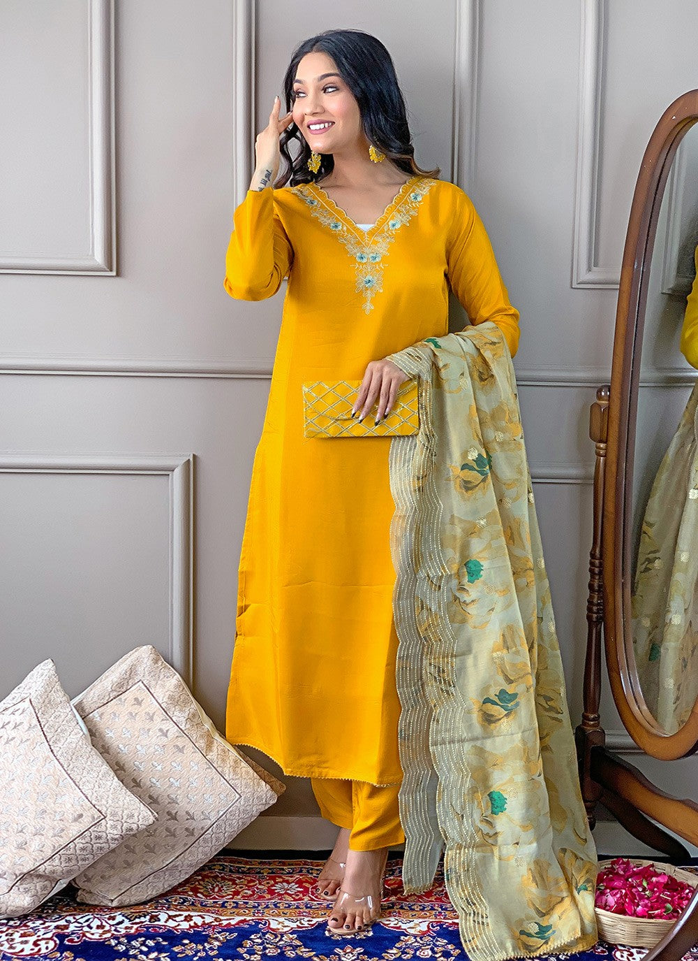 Pant Style Suit Embroidered, Printed Yellow T6989