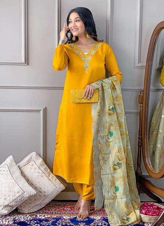 Pant Style Suit Embroidered, Printed Yellow T6989