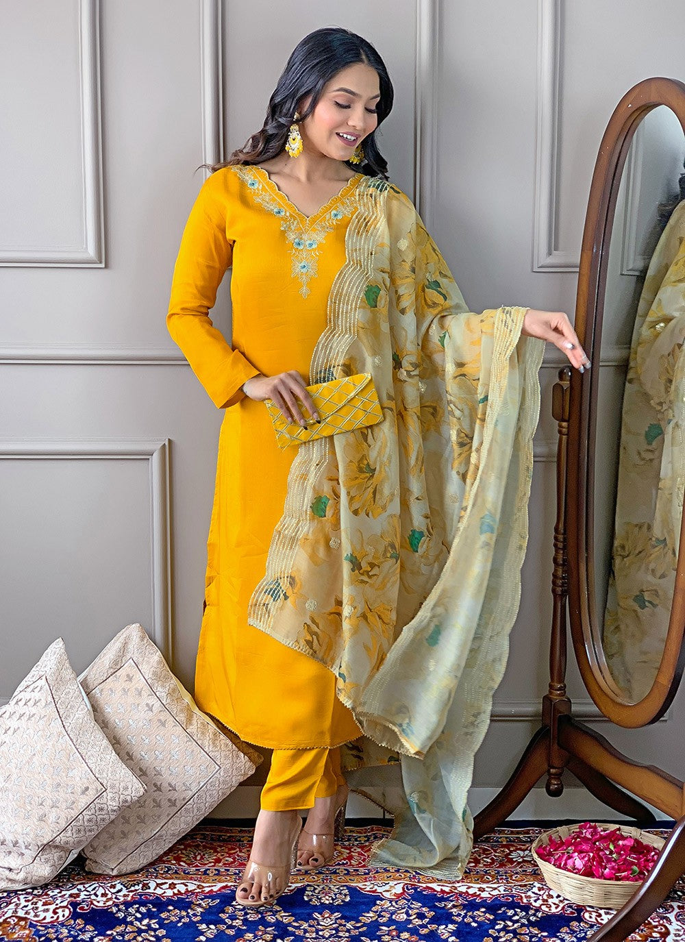 Pant Style Suit Embroidered, Printed Yellow T6989