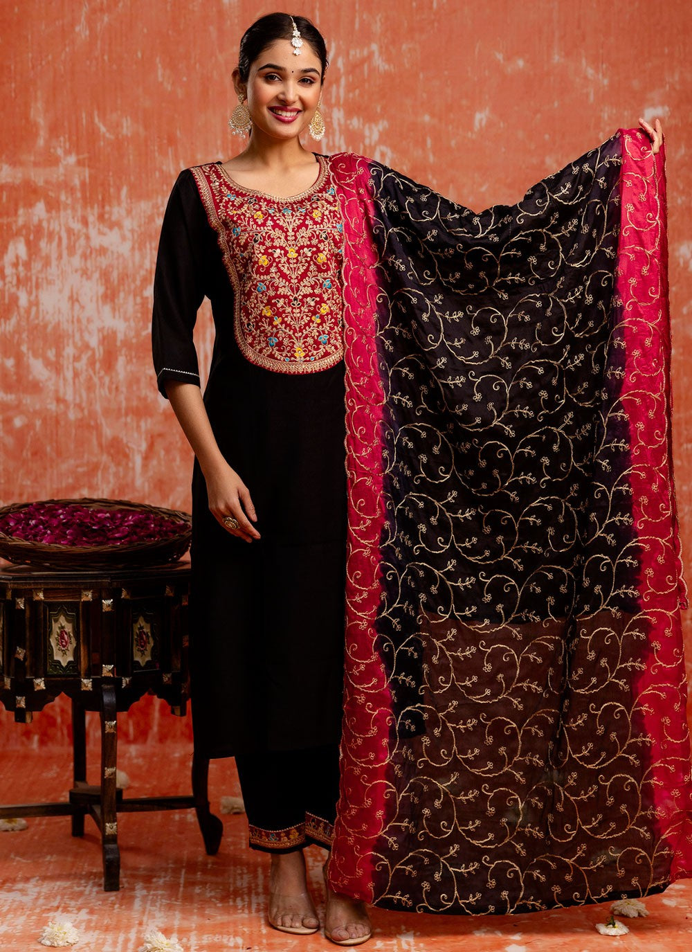 Pant Style Suit Embroidered, Zari Black T7593