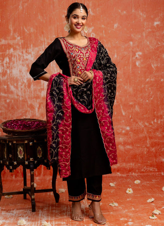 Pant Style Suit Embroidered, Zari Black T7593