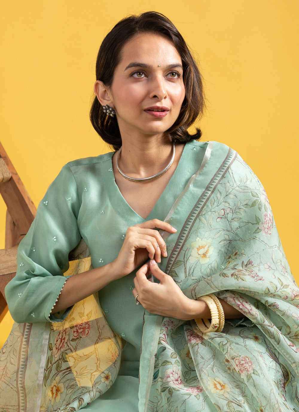 Embroidered Chanderi Green Salwar Suit T6106