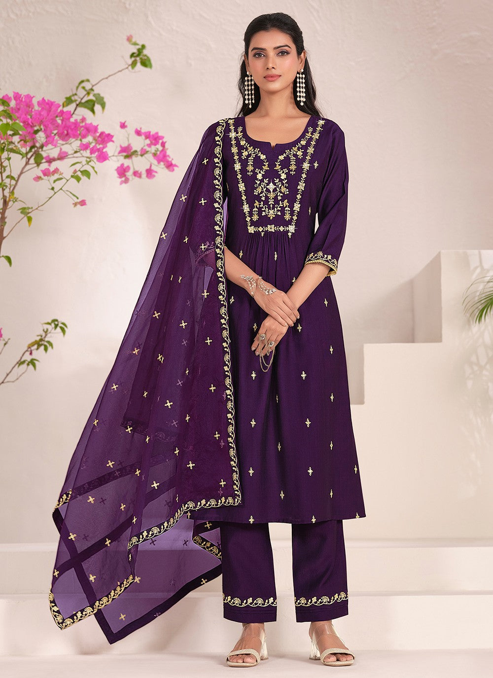 Pant Style Suit Embroidered Wine T7536
