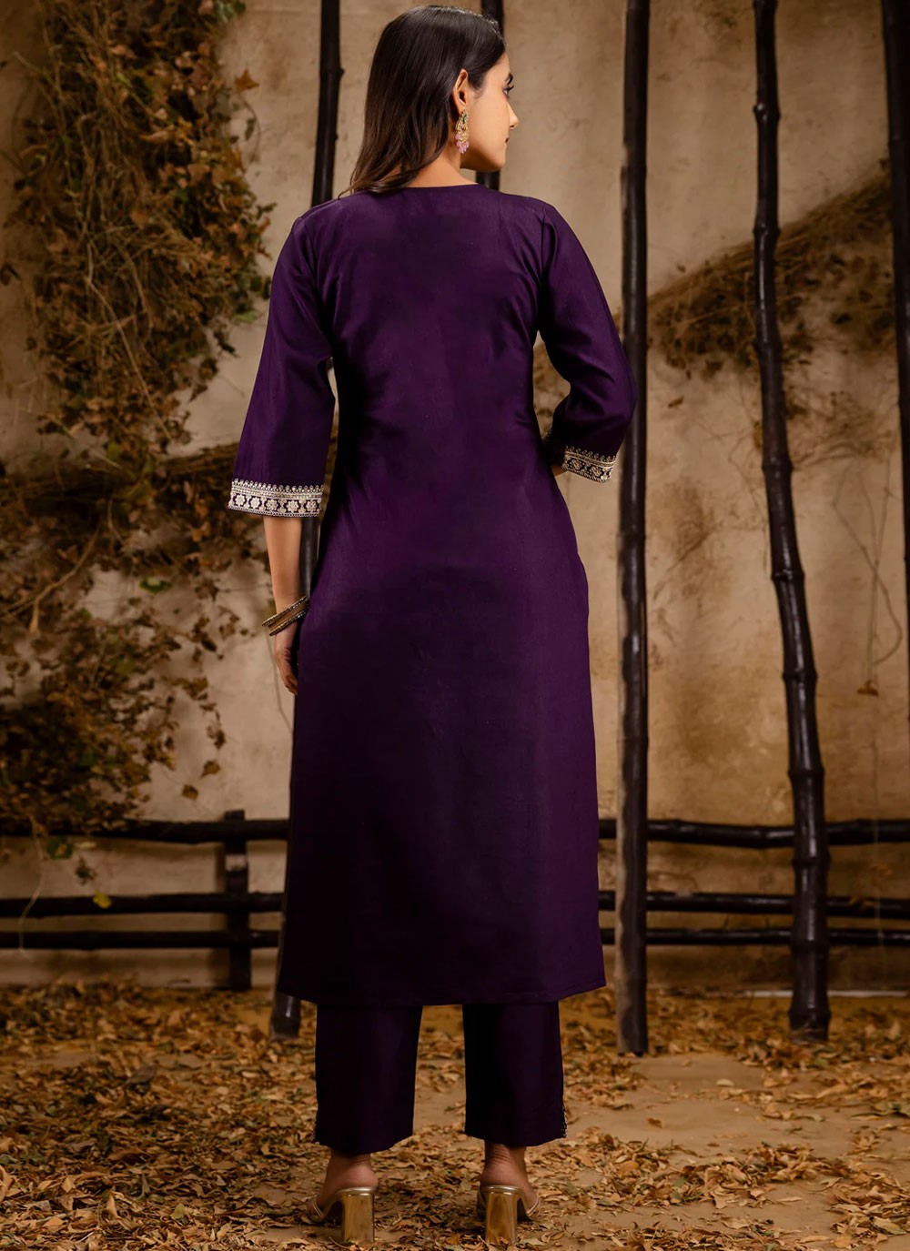 Embroidered Rayon Purple Pant Style Suit T6298