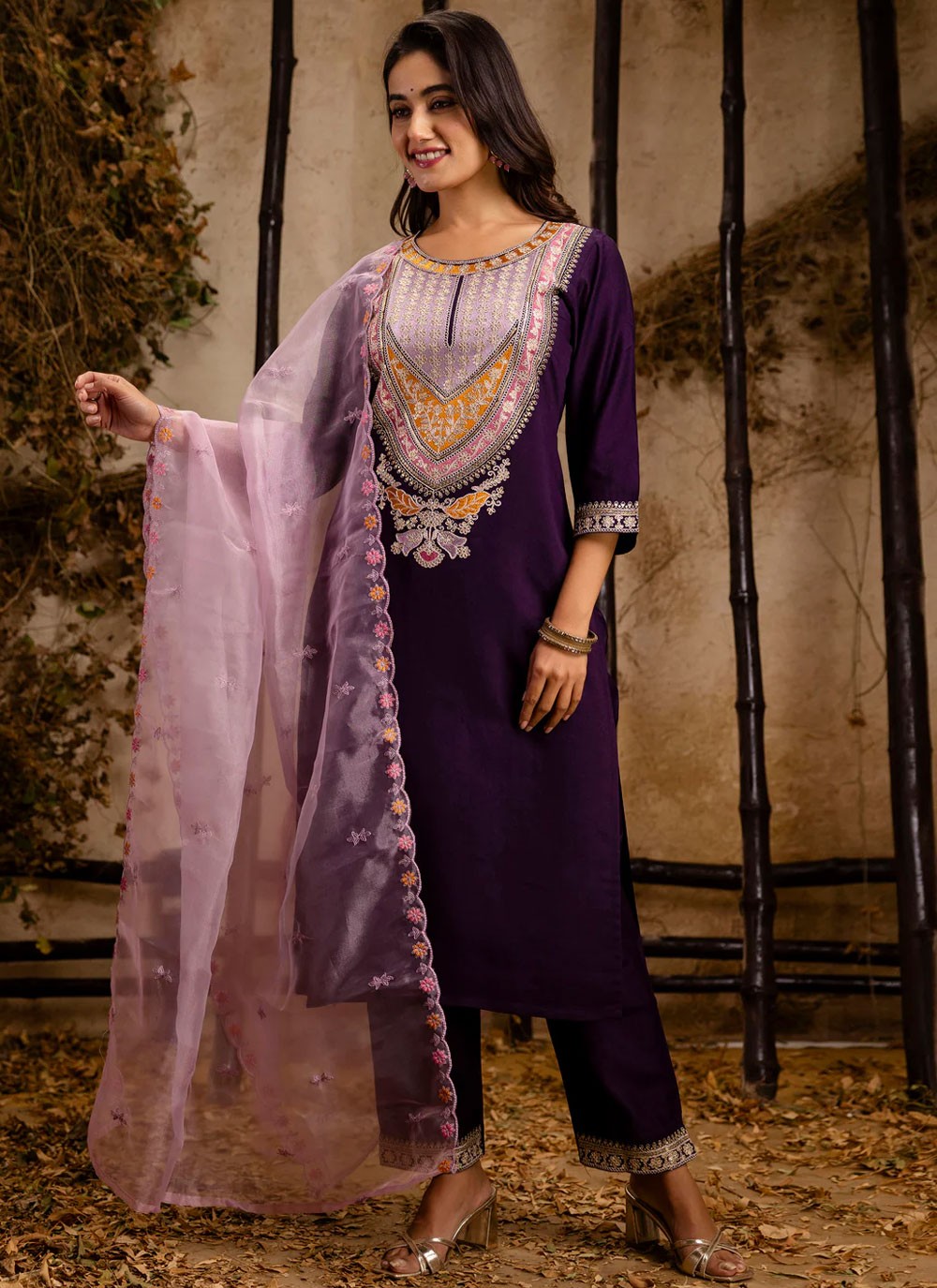 Embroidered Rayon Purple Pant Style Suit T6298