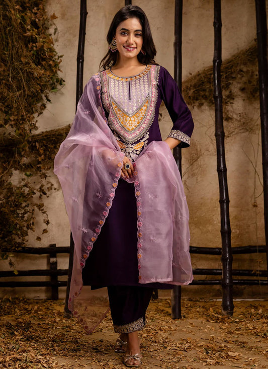 Embroidered Rayon Purple Pant Style Suit T6298