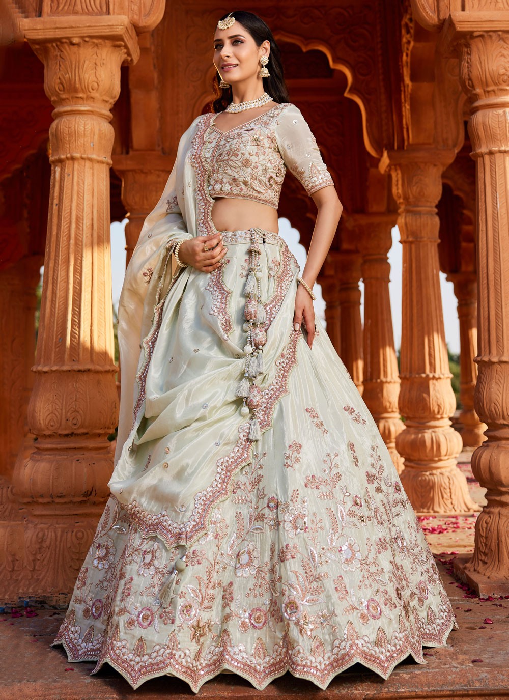 Tissue Engagement, Mehandi & Sangeet, Reception, Wedding A - Line Lehenga L3531