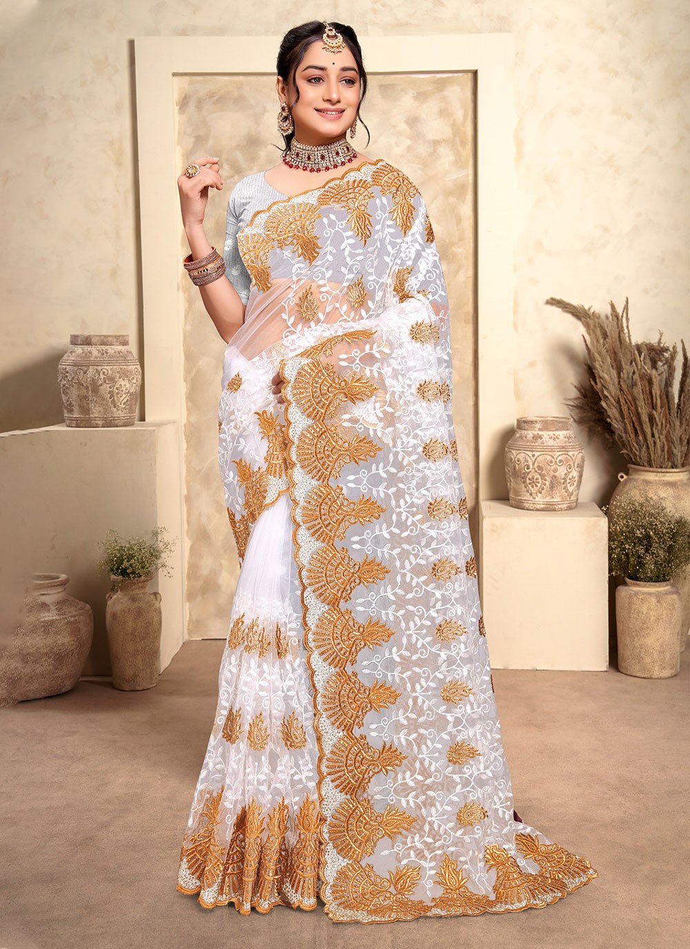 Trendy Embroidered Net Saree - S4963