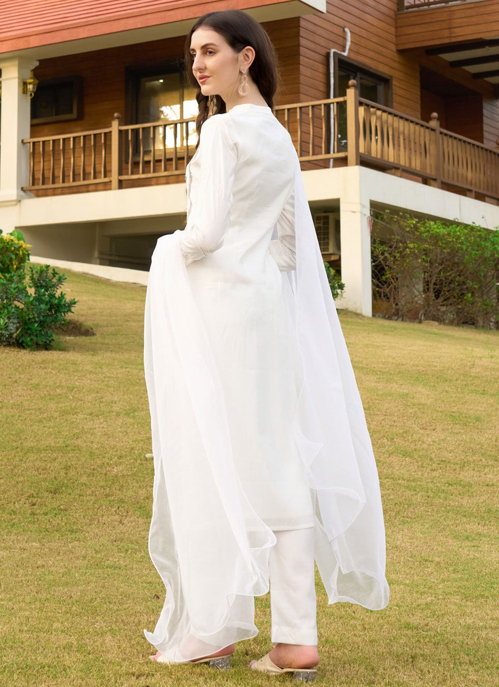 Salwar Suit Embroidered White Silk T5348