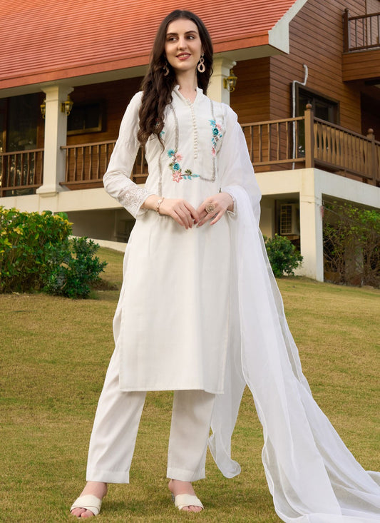 Salwar Suit Embroidered White Silk T5348