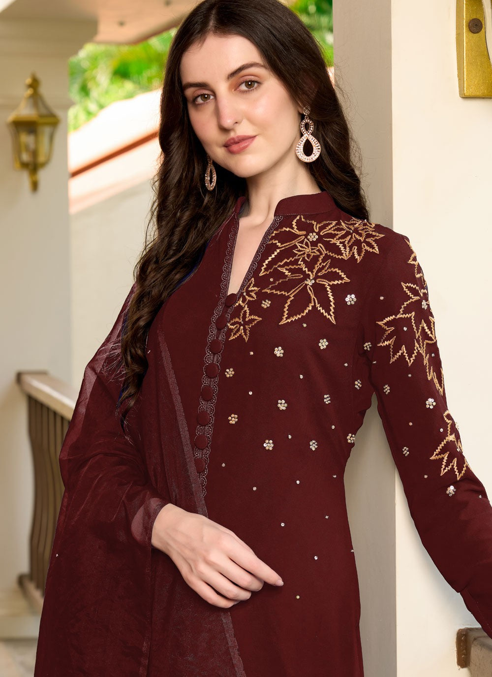 Salwar Suit Embroidered Wine Georgette T5333