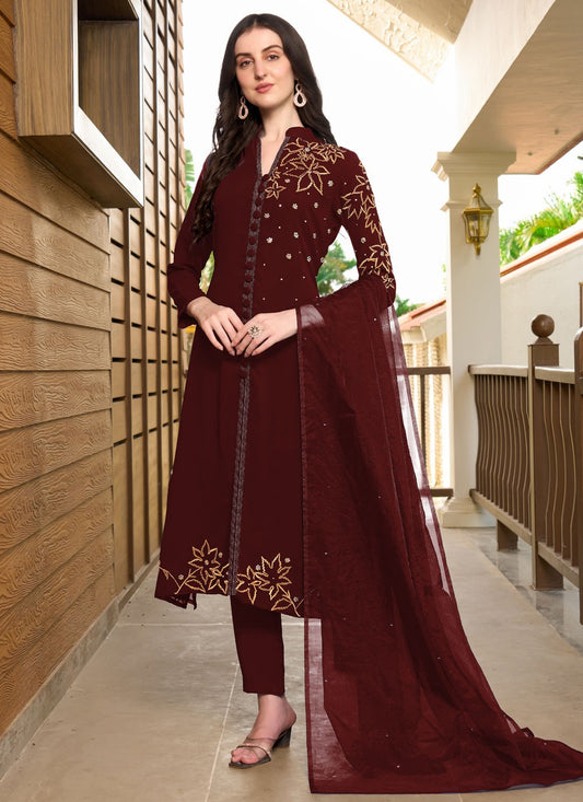Salwar Suit Embroidered Wine Georgette T5333