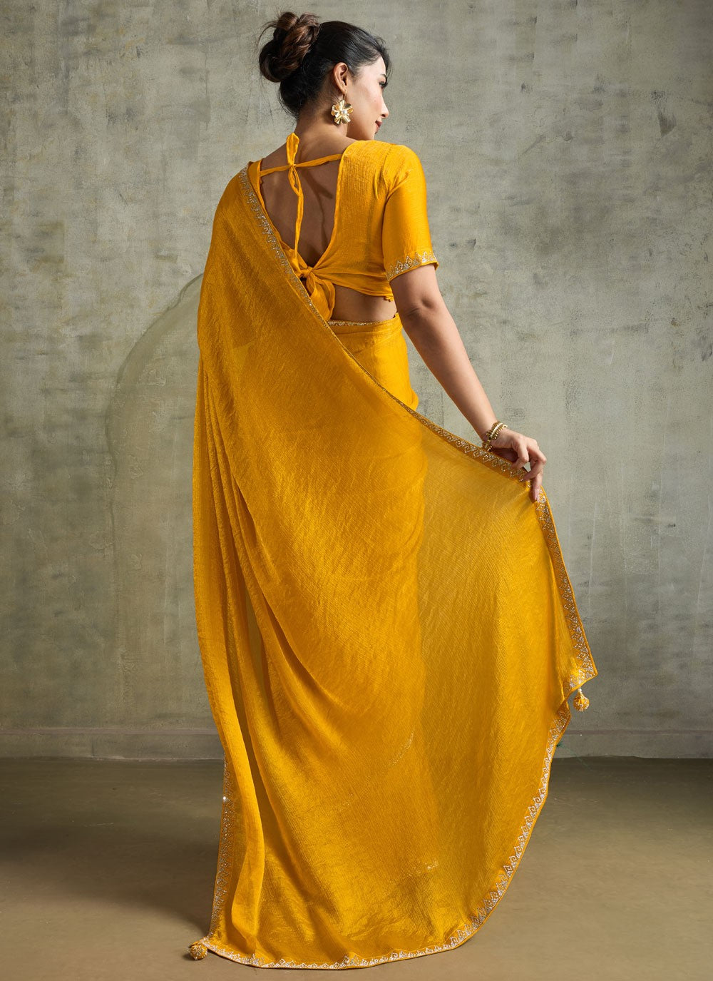 Yellow Chiffon Contemporary Saree Embroidered S19827