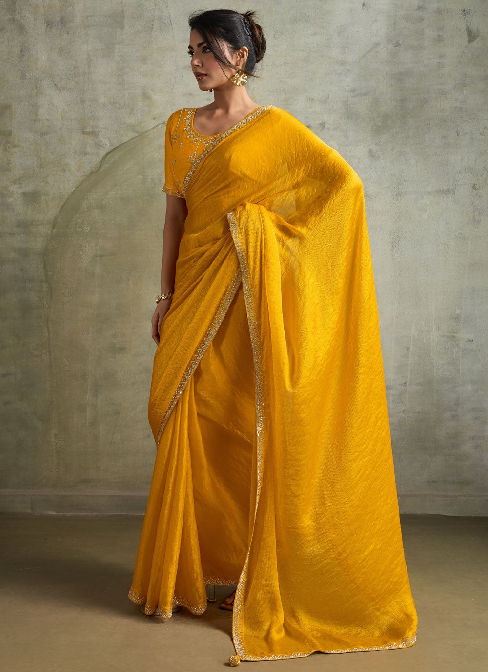 Yellow Chiffon Contemporary Saree Embroidered S19827