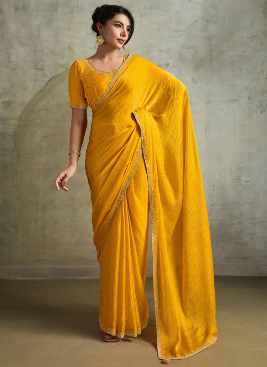 Yellow Chiffon Contemporary Saree Embroidered S19827