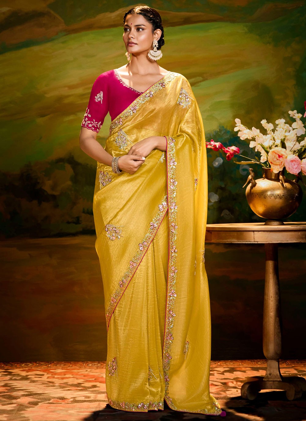 Embroidered Fancy Fabric Yellow Designer Saree S15258