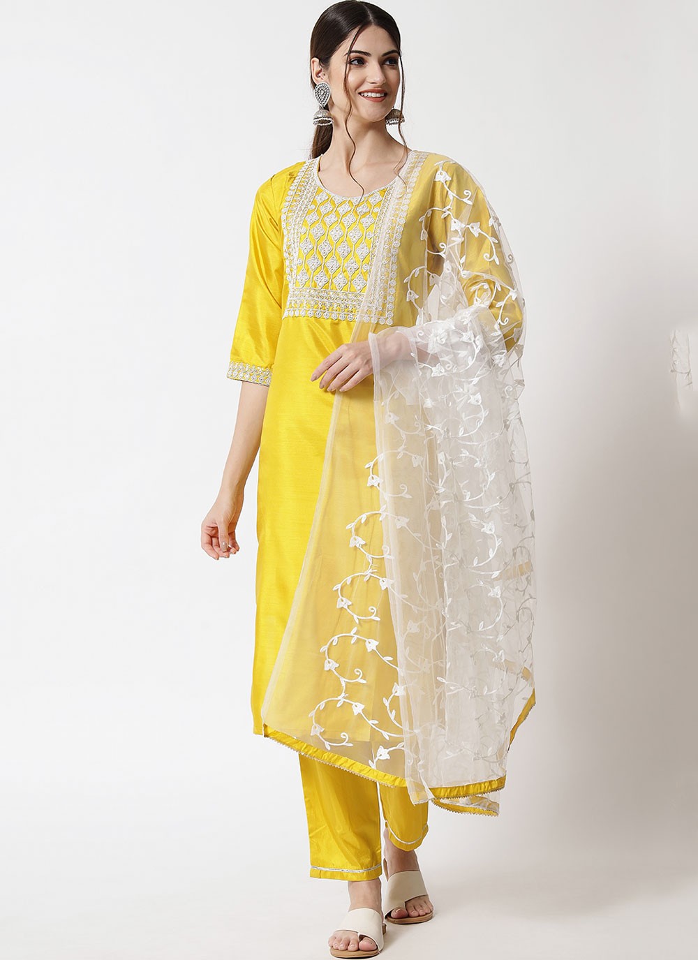 Pant Style Suit Embroidered Yellow T7102