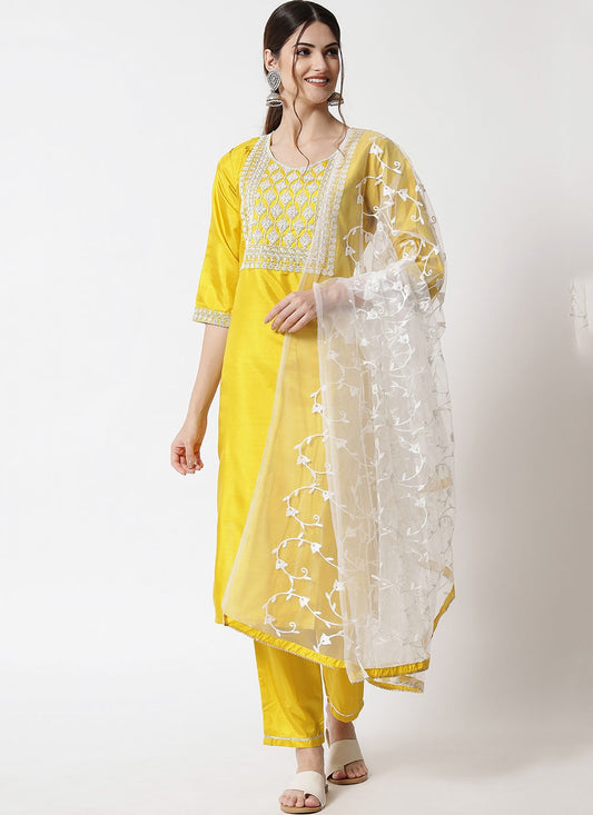 Pant Style Suit Embroidered Yellow T7102