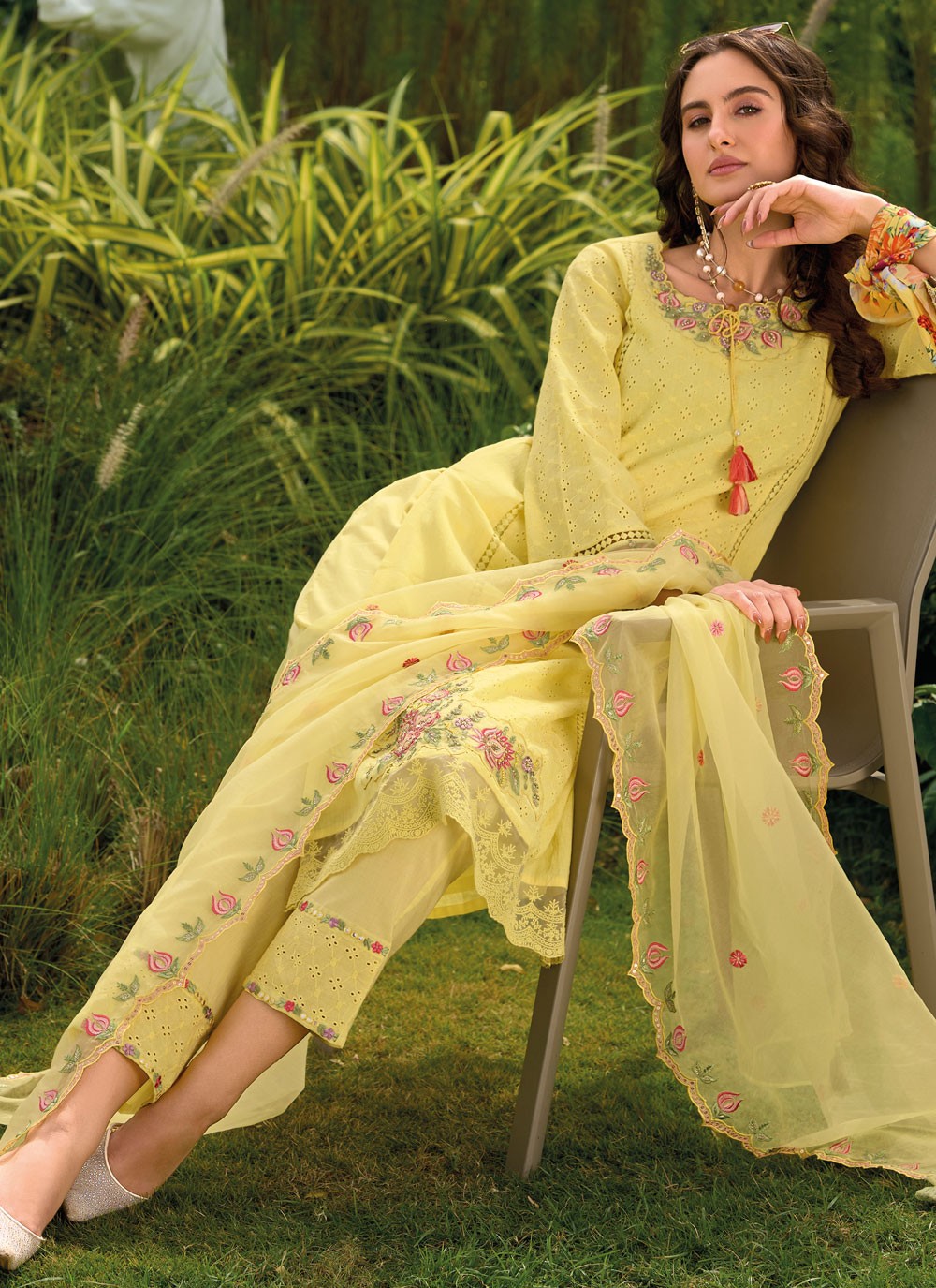 Pant Style Suit Embroidered Yellow T7416