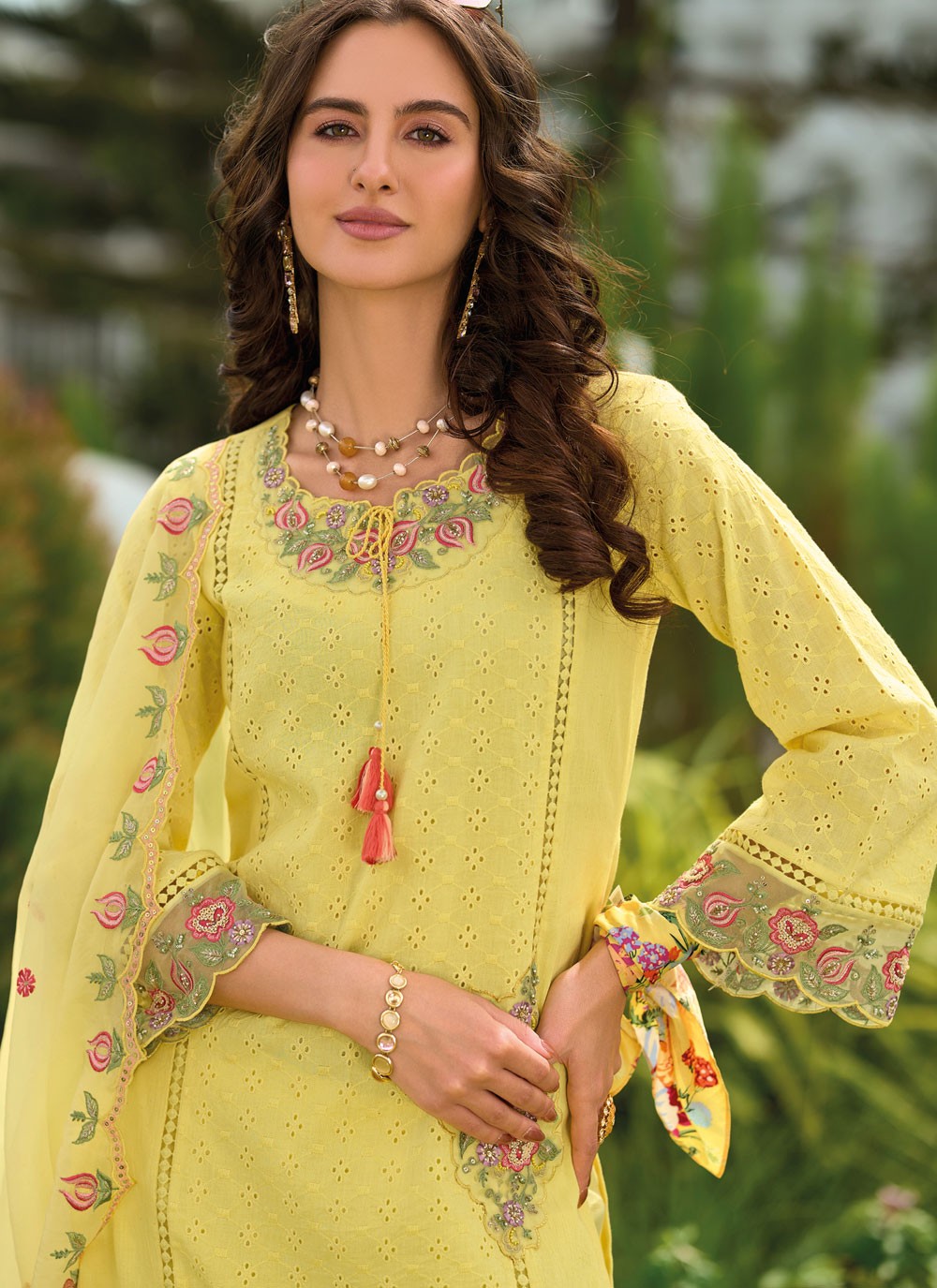 Pant Style Suit Embroidered Yellow T7416