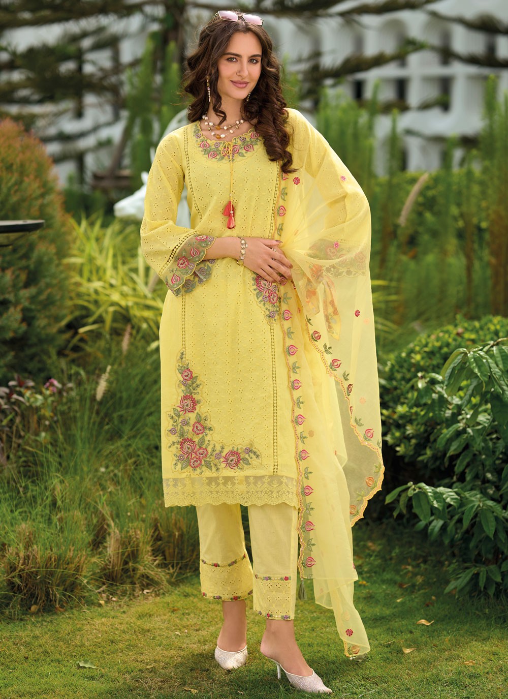 Pant Style Suit Embroidered Yellow T7416