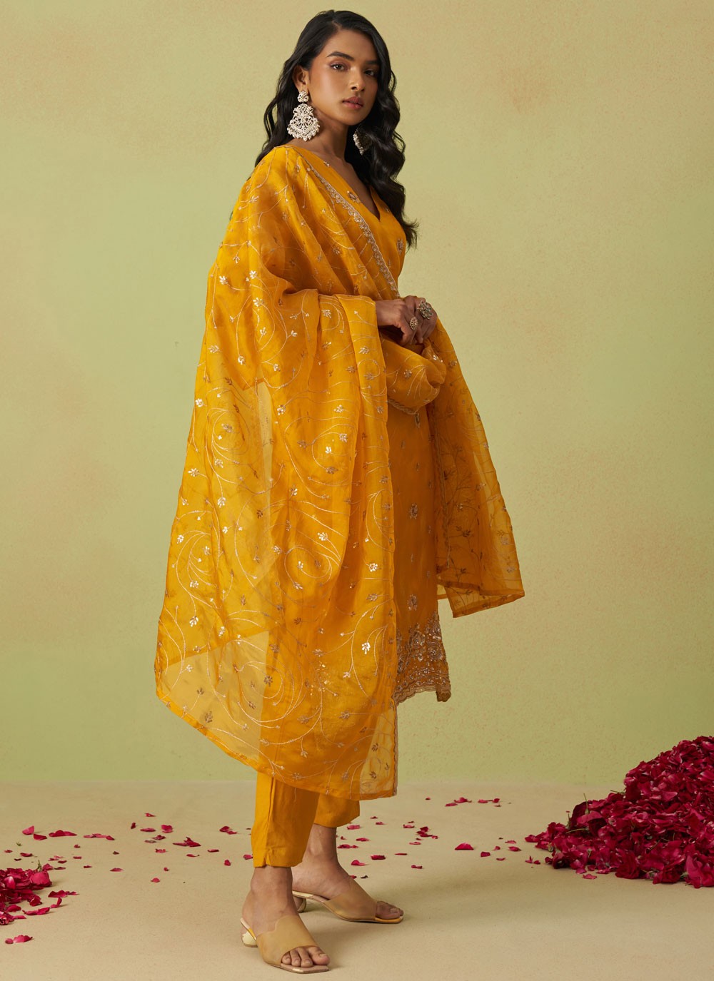 Salwar Suit Embroidered Yellow Organza T5547