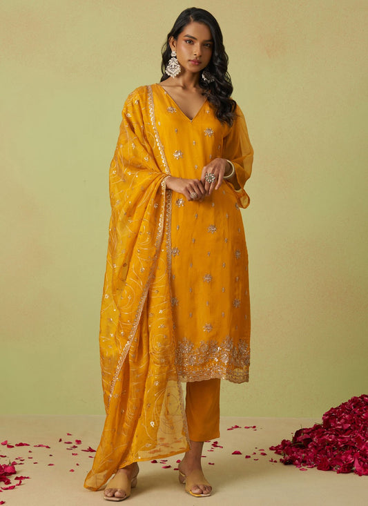 Salwar Suit Embroidered Yellow Organza T5547
