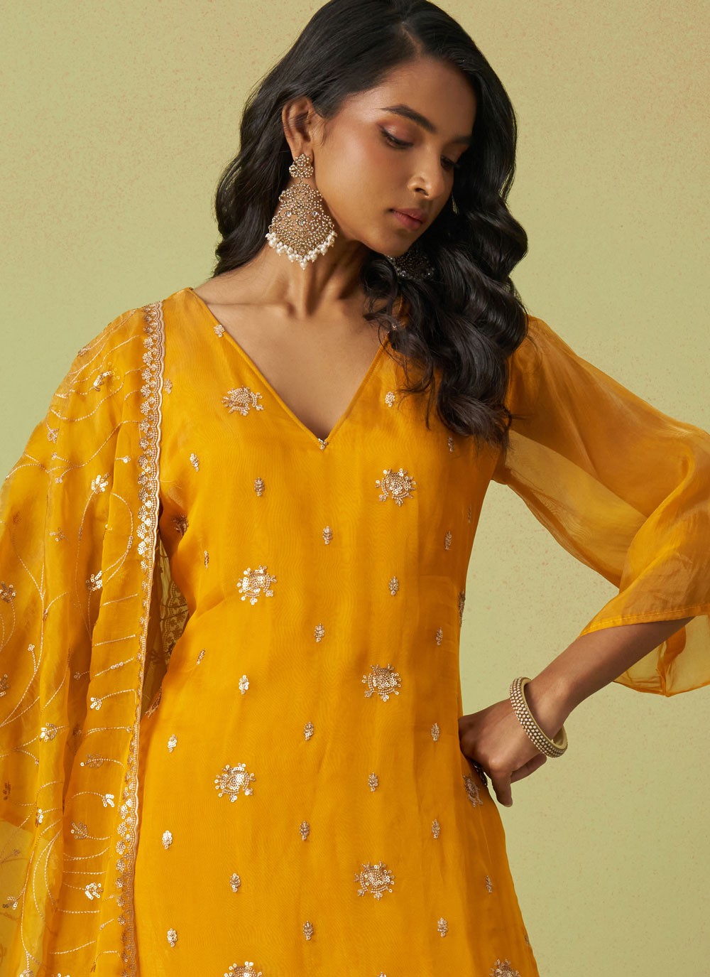 Salwar Suit Embroidered Yellow Organza T5547