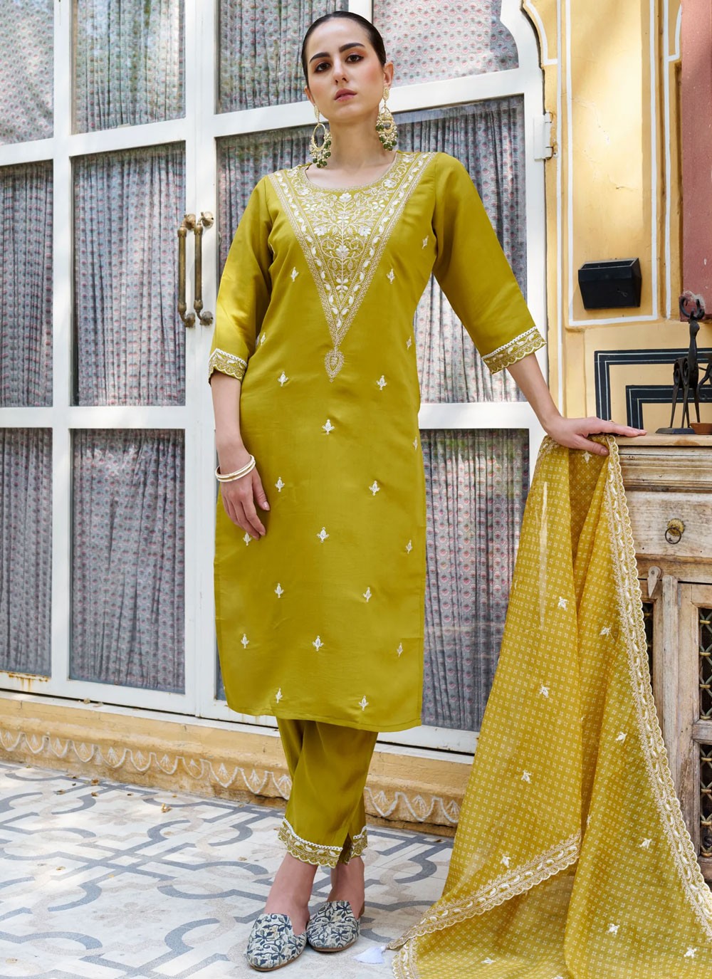 Pant Style Suit Embroidered Yellow T6987