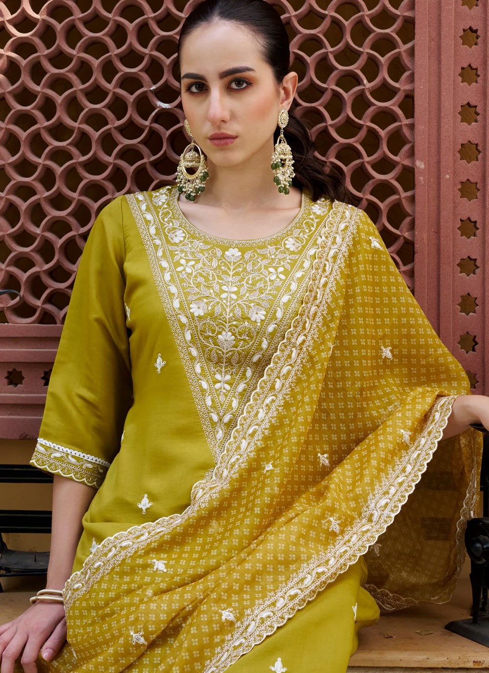 Pant Style Suit Embroidered Yellow T6987