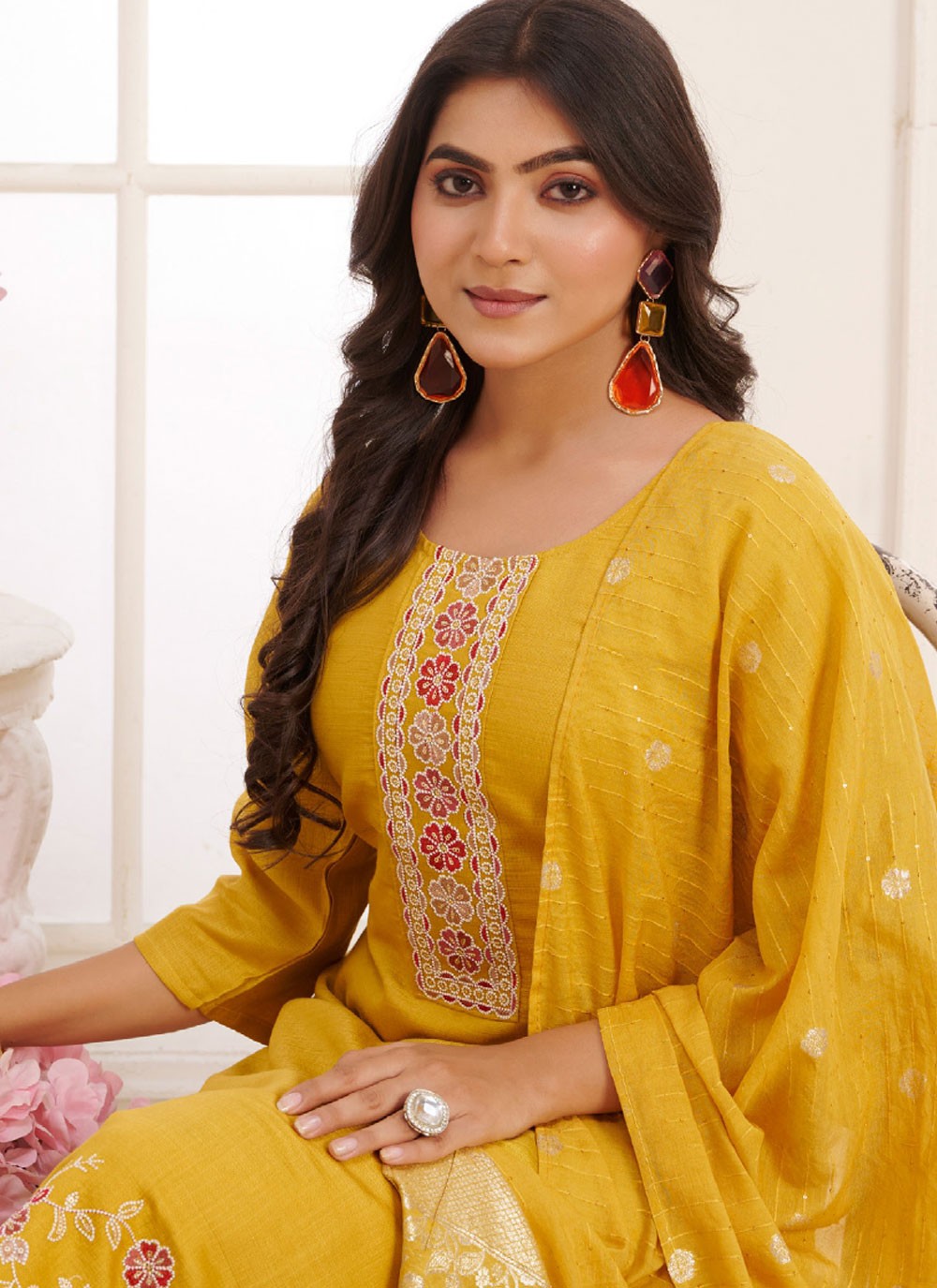 Embroidered Silk Yellow Pant Style Suit T6583