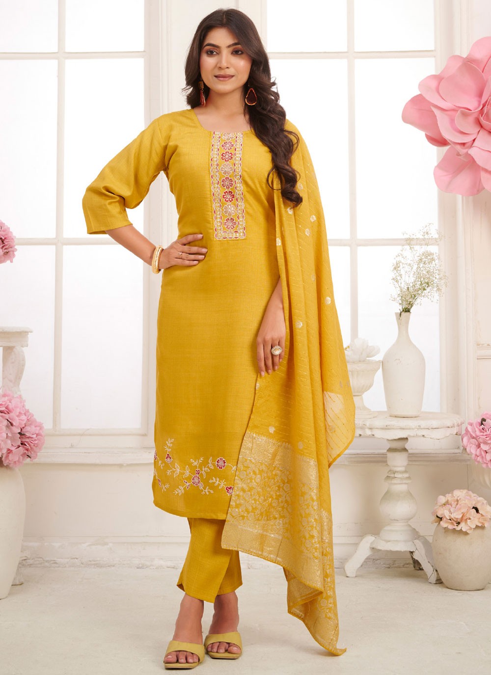 Embroidered Silk Yellow Pant Style Suit T6583
