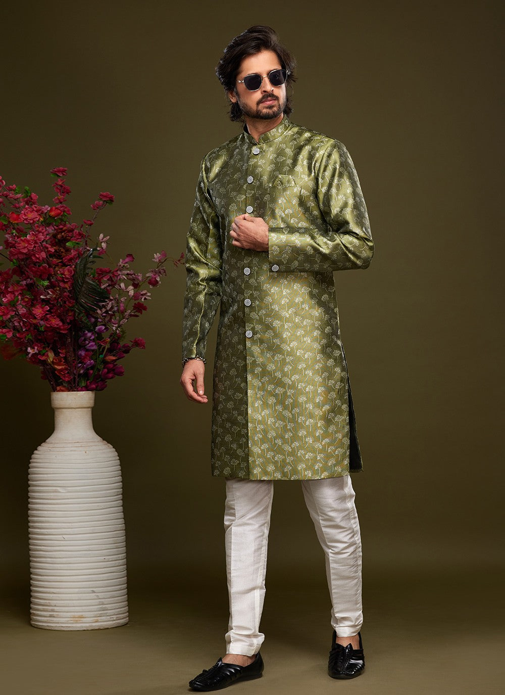 Fancy Work Banarasi Jacquard Green Indo Western - M5831
