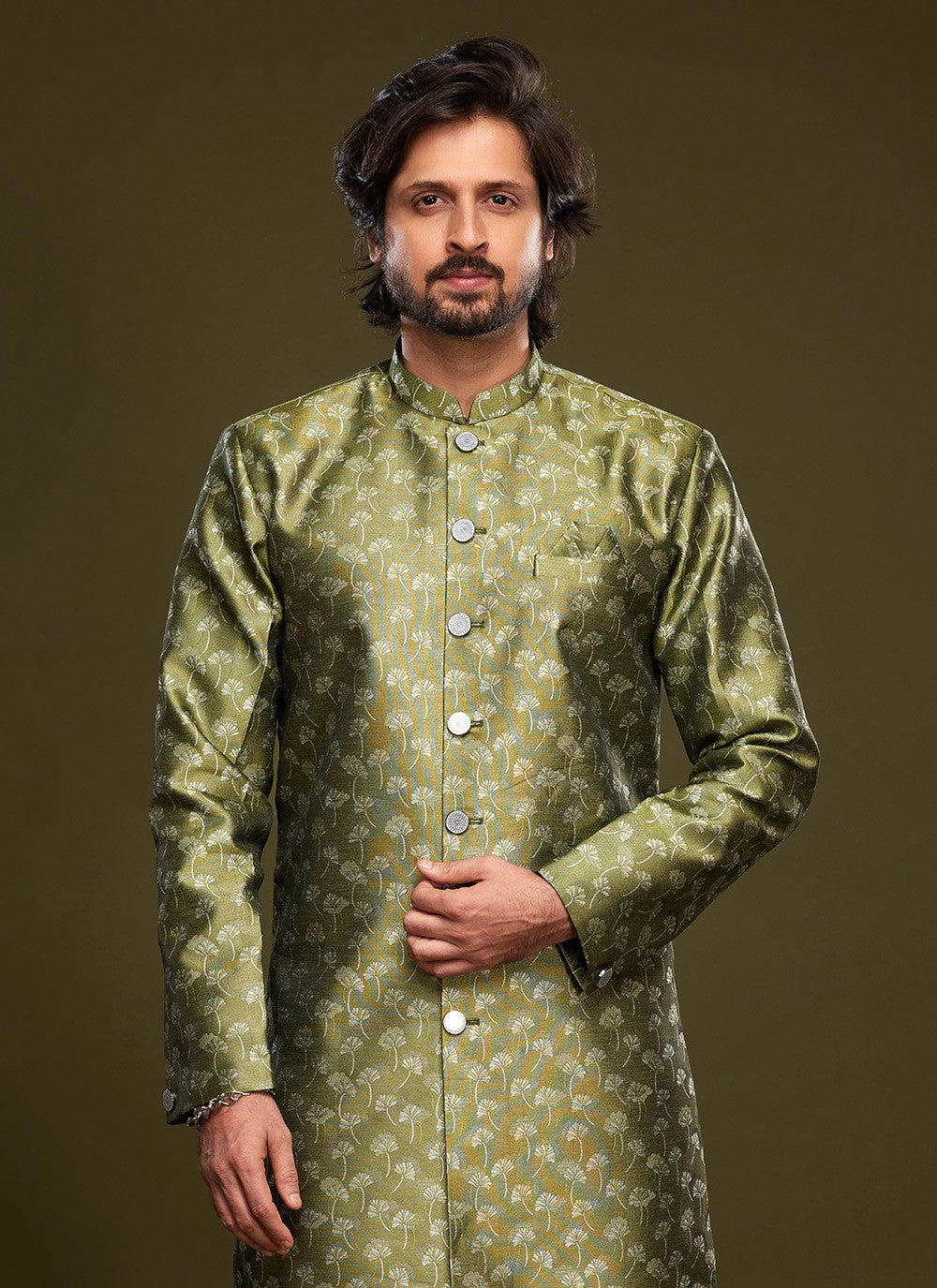 Fancy Work Banarasi Jacquard Green Indo Western - M5831