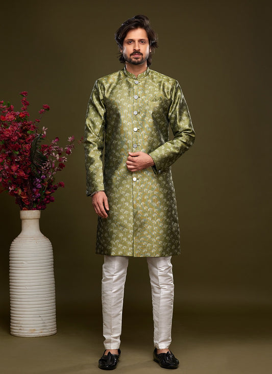 Fancy Work Banarasi Jacquard Green Indo Western - M5831