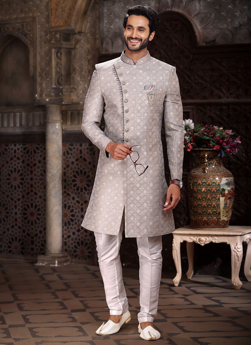 Embroidered Banarasi Jacquard Grey Indo Western - M5257